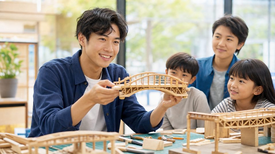 A young man showing a tiny wooden bridge model in a bright workshop