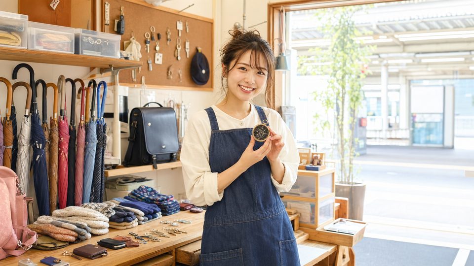 A cheerful fictional inventor holding a compass gadget in a workshop full of lost items