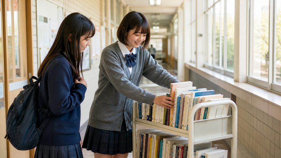 A student arranging library books on a rolling book cart in a school hallway