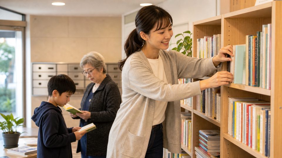 A woman organizing books on a shared community bookshelf