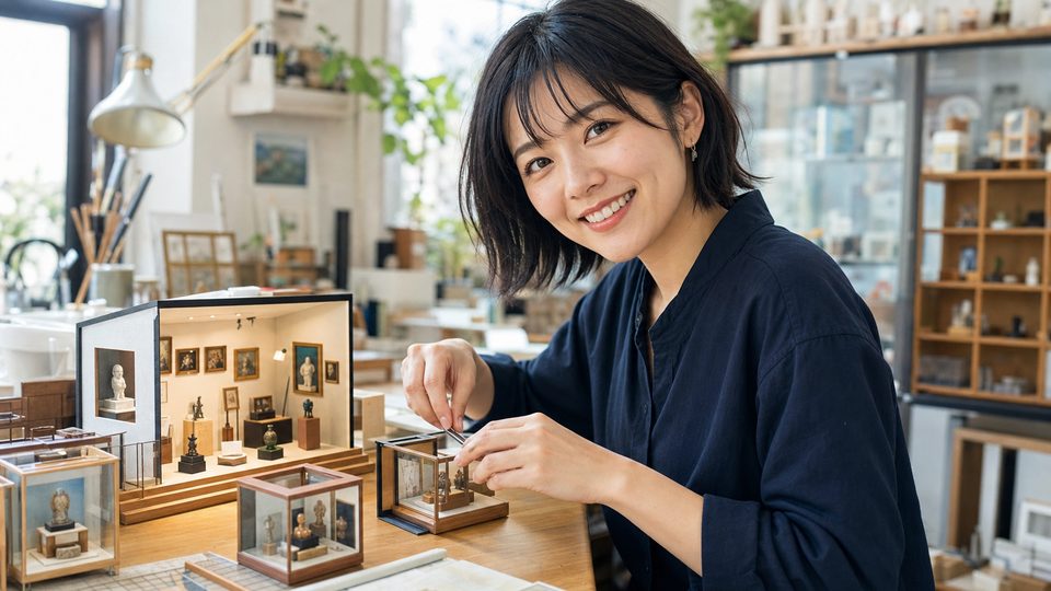 A designer arranging tiny handmade museum displays in a bright workshop