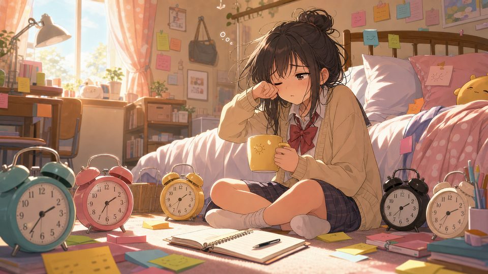A sleepy student with several alarm clocks in a bright morning bedroom