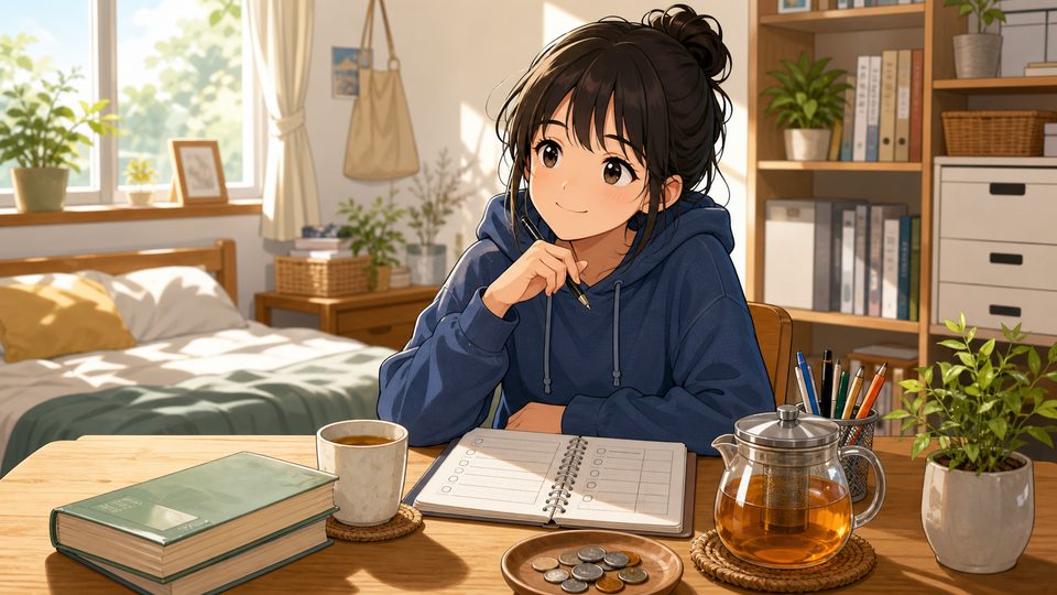 Anime student planning a no-spend day with tea, books, and coins on a sunny desk