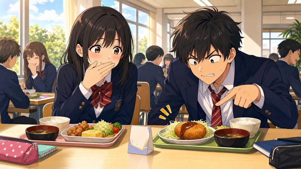 Two anime high school students trying not to laugh during lunch