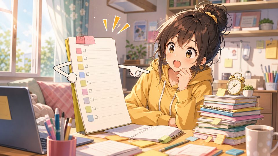A cheerful student facing a dramatic to-do list at a sunny desk