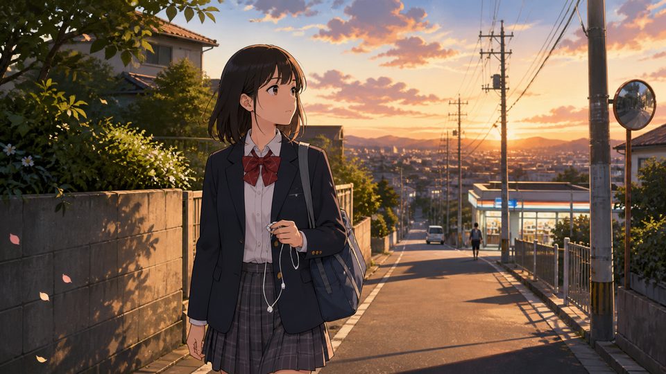 Anime high school girl walking home without earphones at sunset