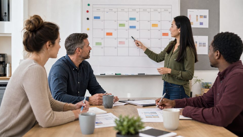 Office workers discussing a shared break room schedule in a meeting