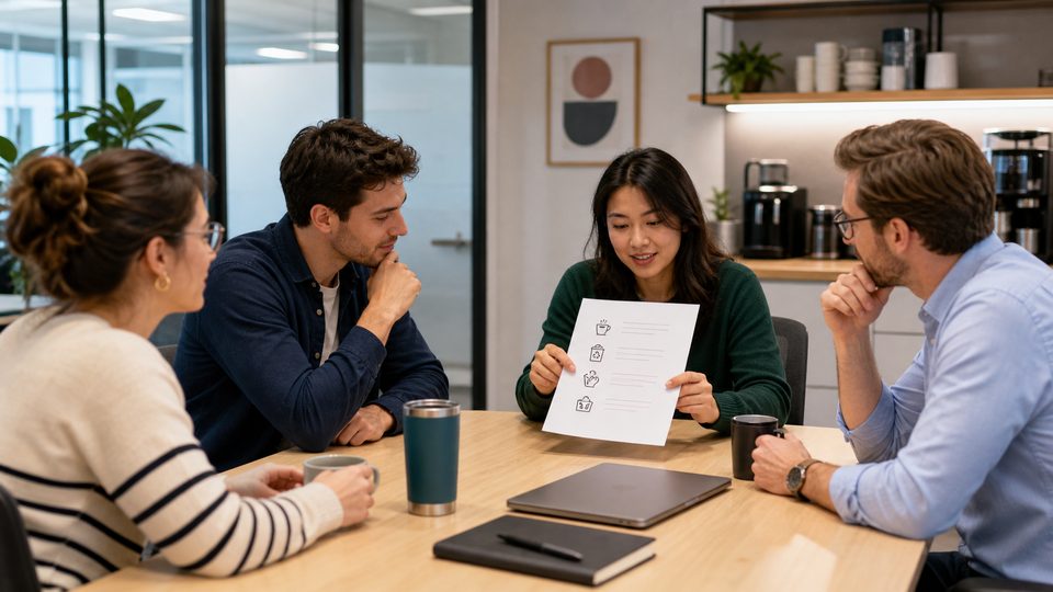 Office workers discussing coffee area rules in a bright meeting room