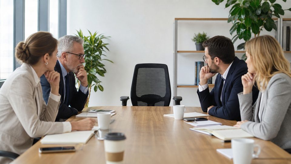 Office workers seriously facing an empty office chair in a meeting room