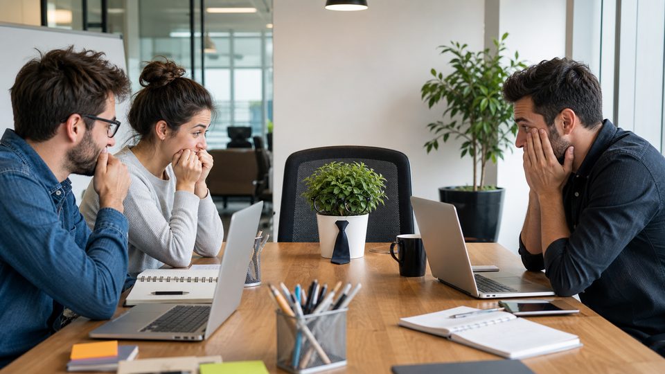 Office workers in a meeting with a small potted plant treated like a project manager