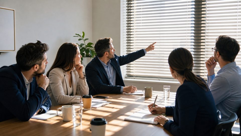 Office workers discussing window blinds during a meeting