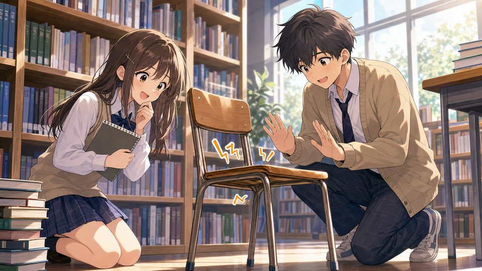 Two high school students negotiating with a squeaky chair in a library