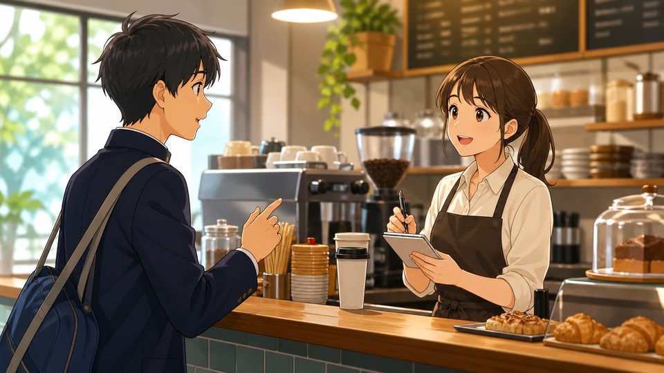 Anime student ordering politely at a small cafe counter