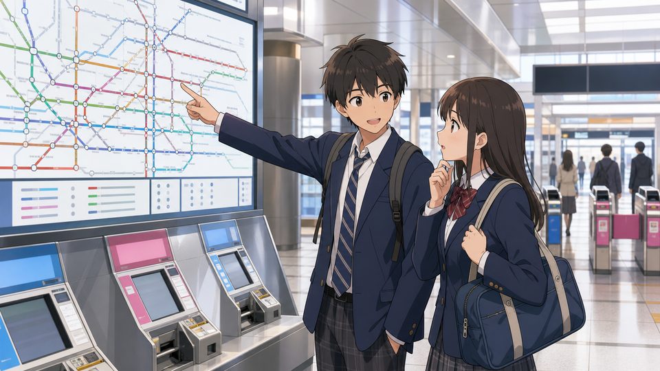 Anime students checking a route map at a train station