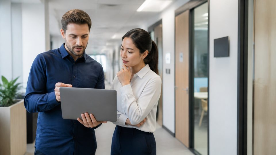 Two coworkers checking meeting room information on a tablet in an office hallway