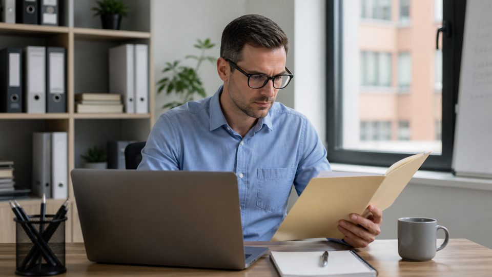 An office worker checking an email and a folder at a clean desk