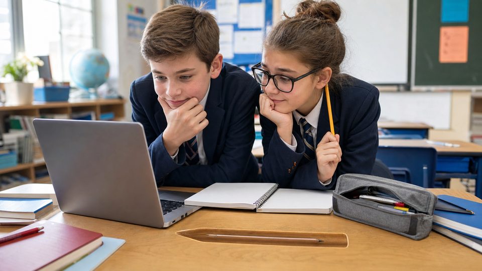 Students at a laptop arranging a formal meeting about a missing pencil