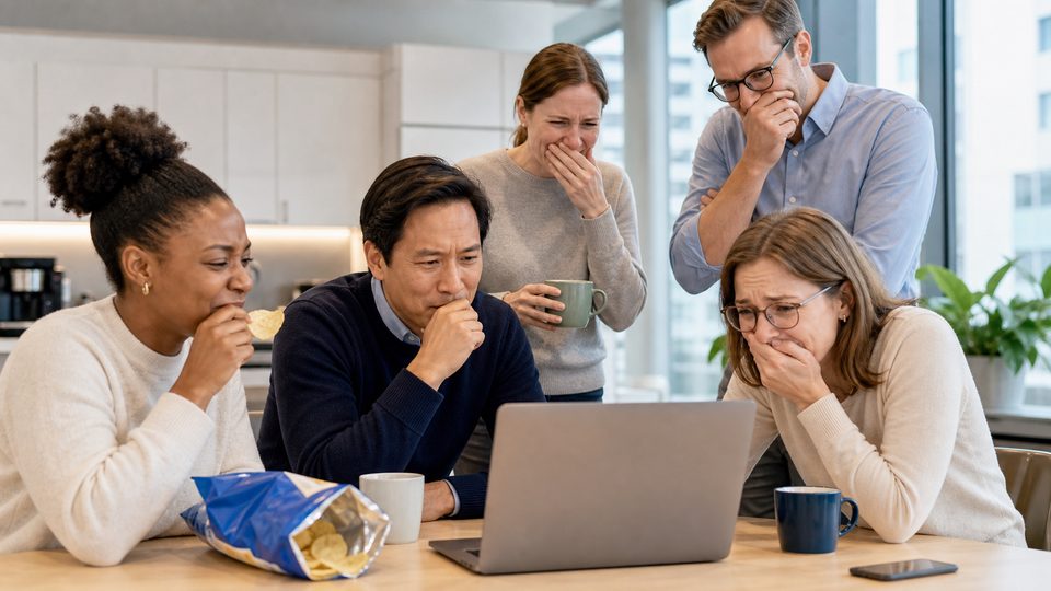 Office workers reacting to a snack bag and a laptop in a break room