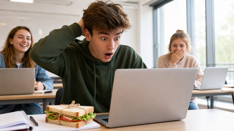 A surprised student at a laptop with a sandwich on the desk