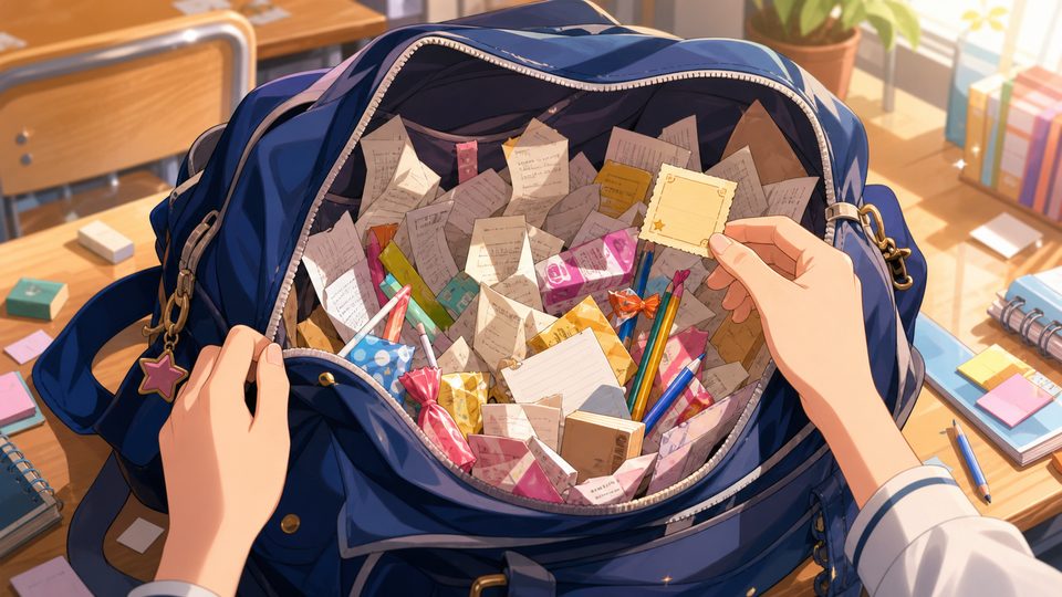 An open school bag full of receipts, notes, wrappers, and pencils