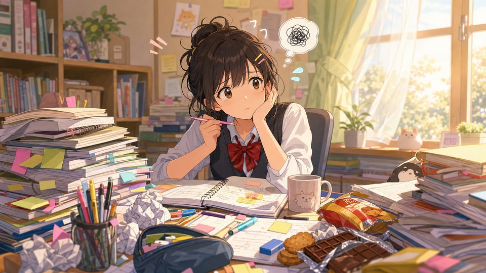 A student thinking beside a desk covered with a mountain of notebooks and school supplies
