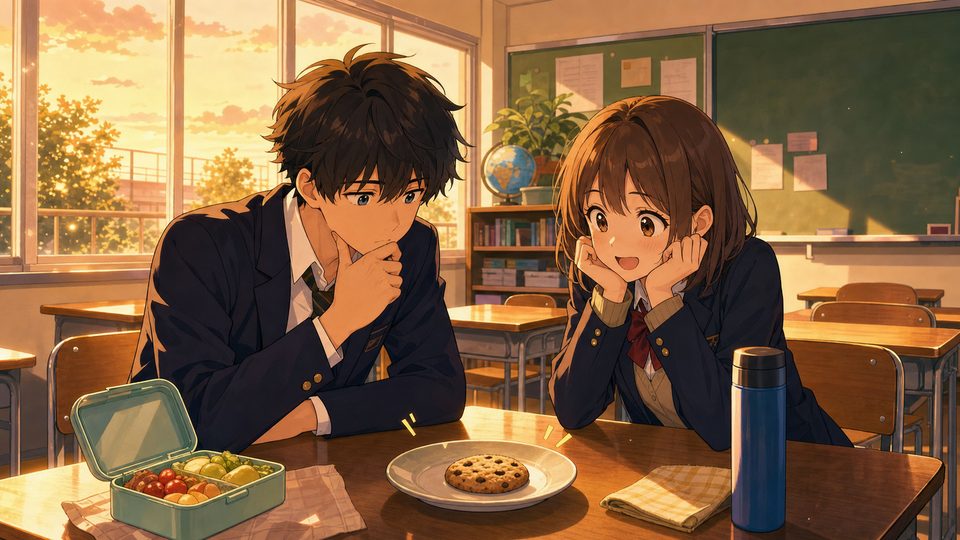 Two anime high school students looking thoughtfully at one last cookie