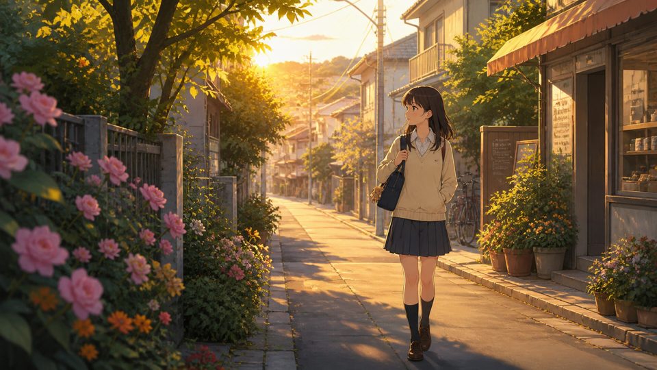 Anime student walking along a quiet residential street at golden hour
