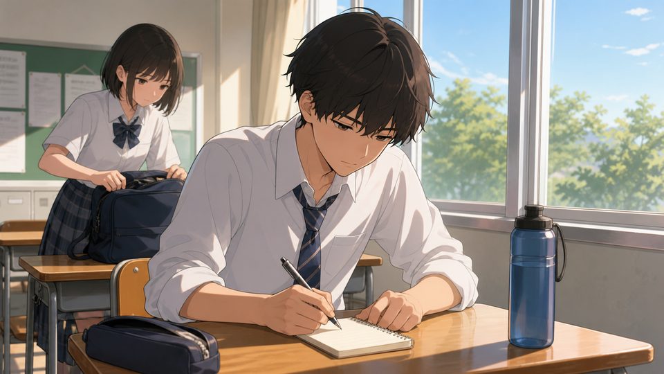 Anime student writing in a small notebook by a classroom window