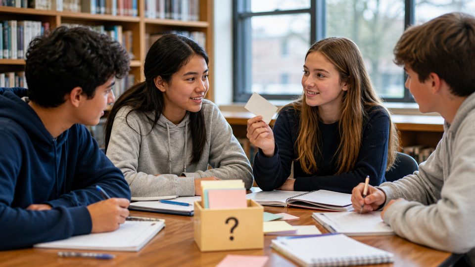 Students discussing questions in an after-school study group at a library table