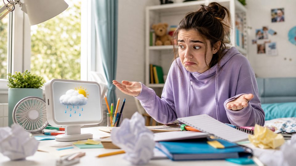 A confused student beside a messy desk with a small weather display