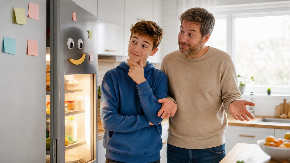 A teen and parent amused by a refrigerator with sticky notes