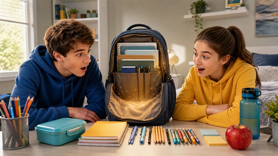 A backpack organizing school supplies by itself