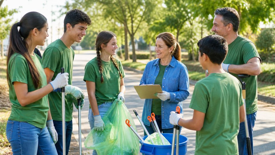 Students and adults preparing for a neighborhood cleanup on a sunny morning