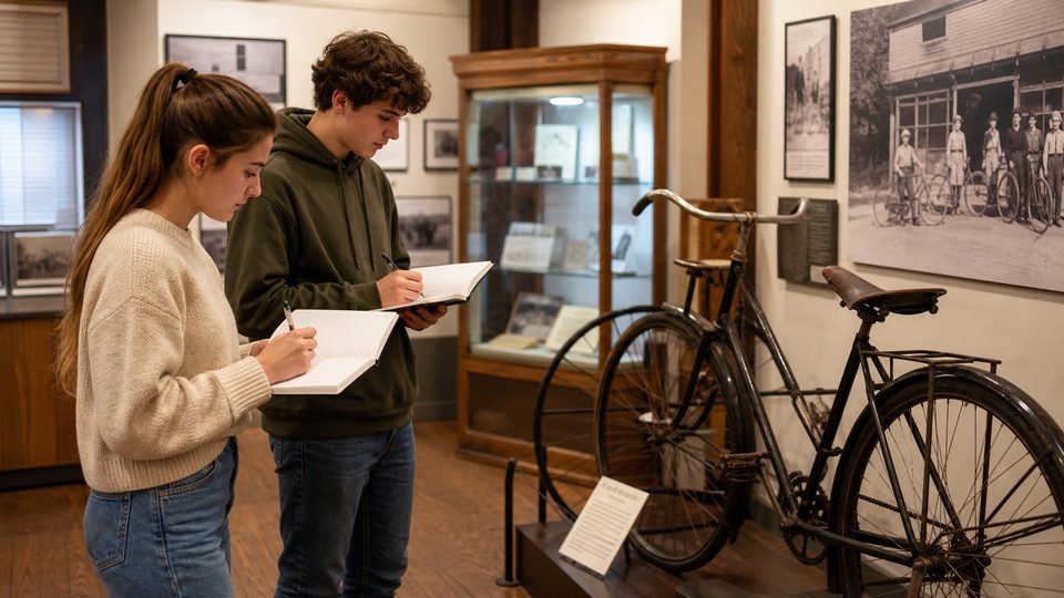 Students looking at a vintage bicycle display in a small local history museum