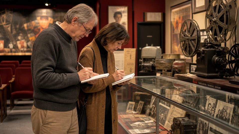 Visitors looking at old cinema equipment in a small local museum