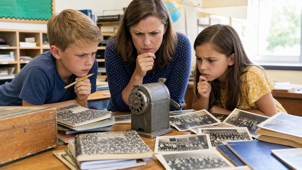 A teacher and students studying an old pencil sharpener like historical evidence