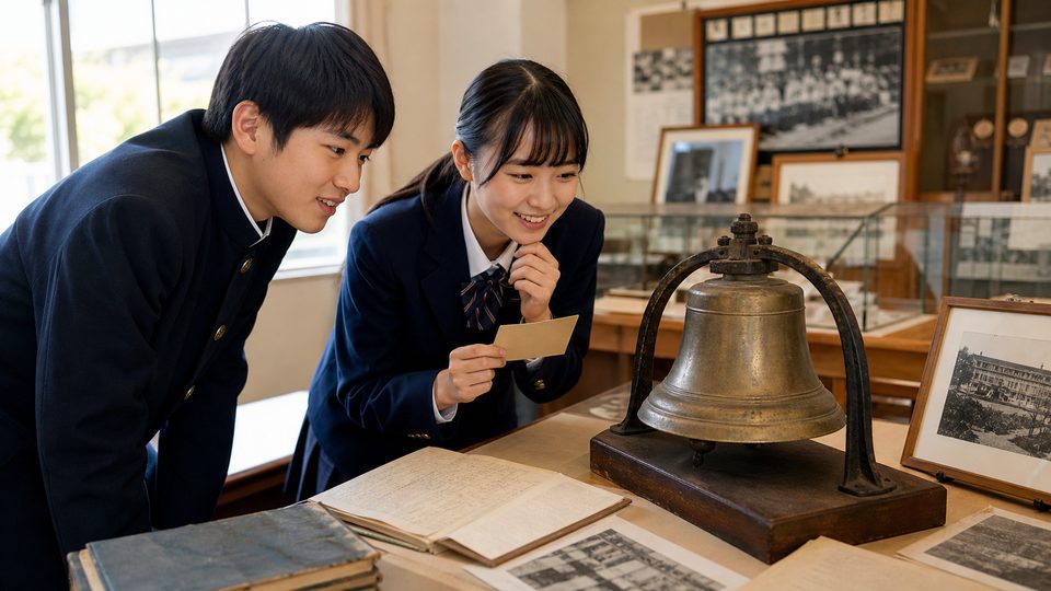 Students looking at an old school bell in a bright school archive room