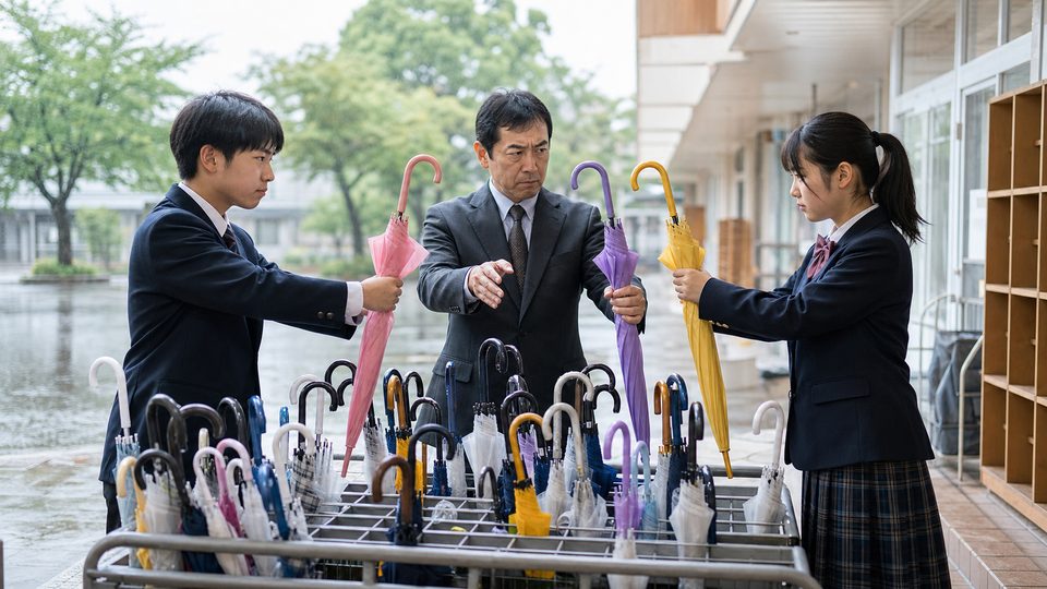 Students and a teacher arranging umbrellas seriously at a school entrance