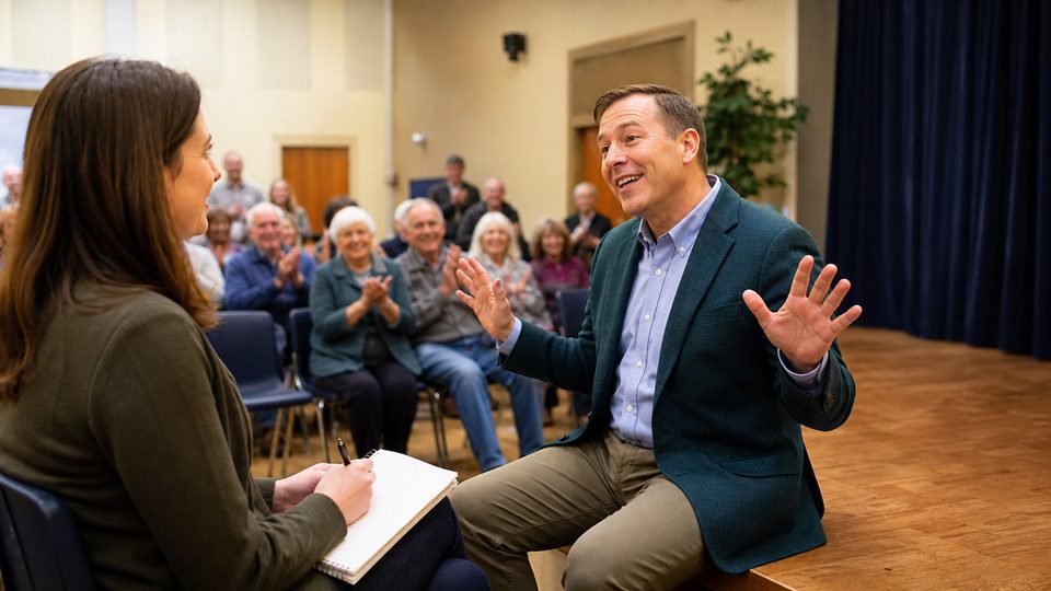 A cheerful interview with a professional applause starter near a small stage