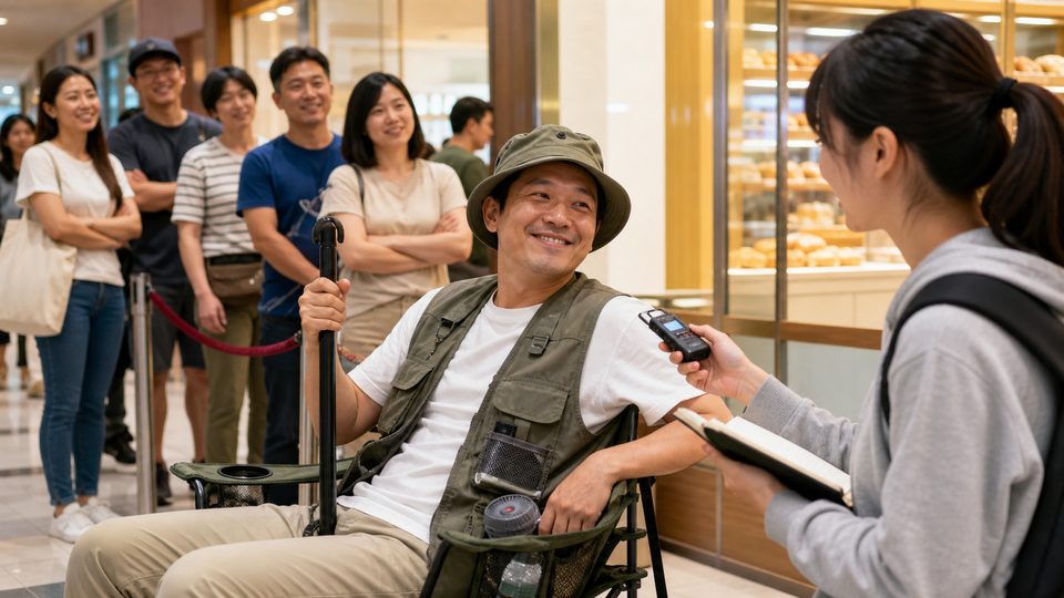 A student interviewing a cheerful professional queue holder at a mall