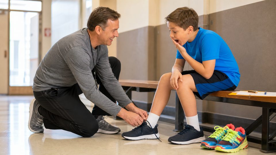 A coach showing a student how to tie a secure shoelace knot