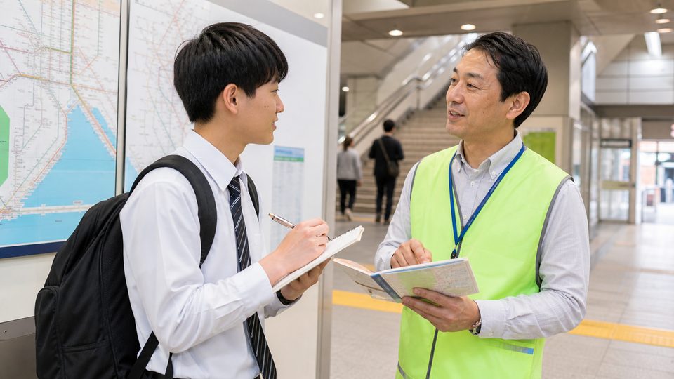 A student interviewing a station directions volunteer near a map
