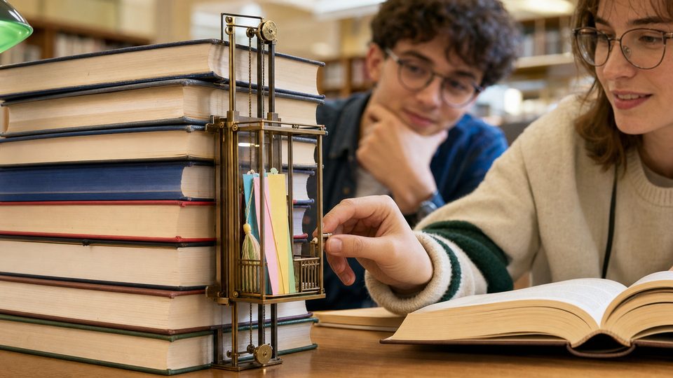 Students operating a tiny bookmark elevator beside a stack of library books