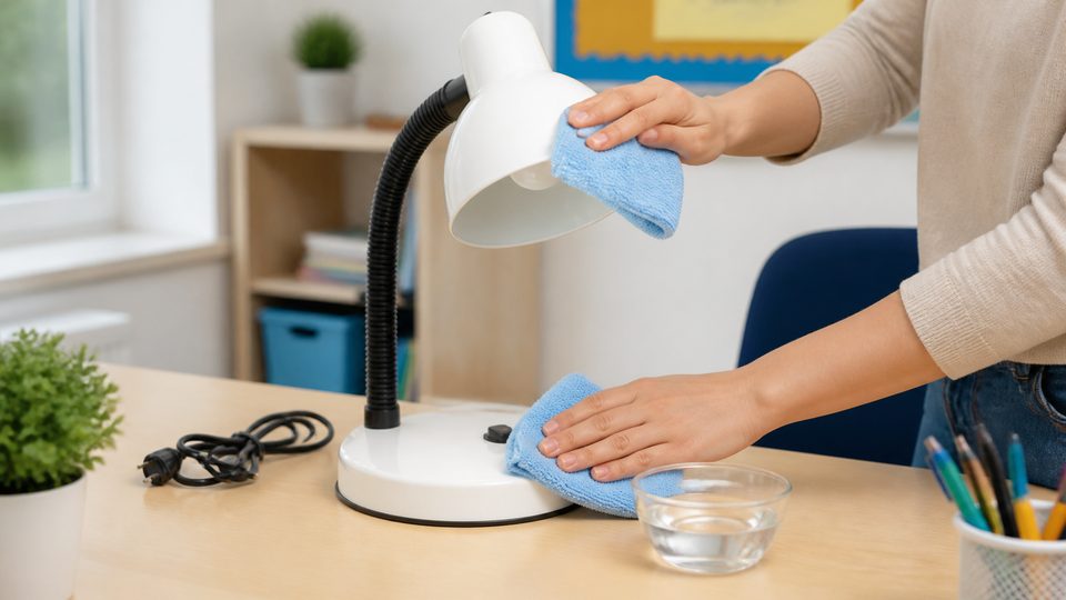Hands cleaning a white desk lamp with a cloth on a tidy desk