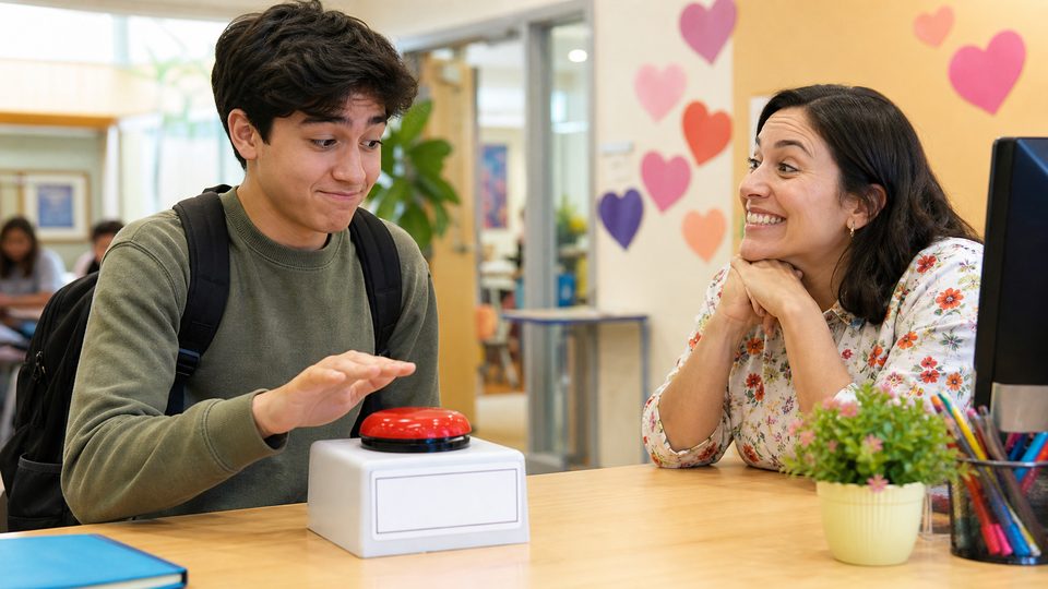 A student hesitating to press a red button at a friendly help desk