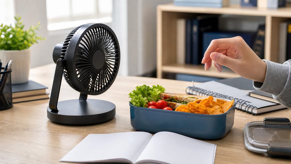 A small desk fan facing a lunch box beside a blank manual