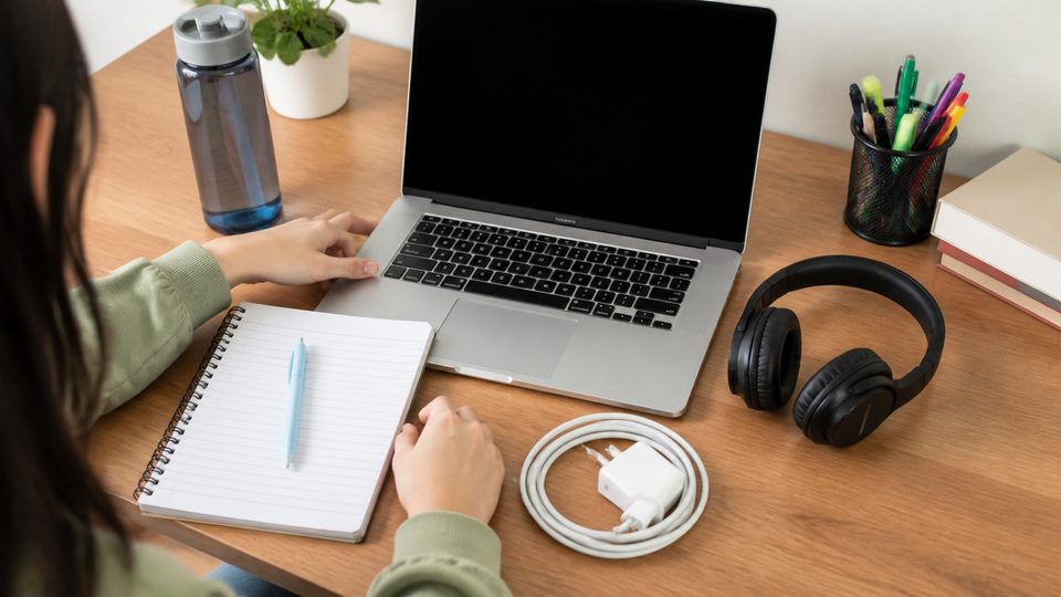 A tidy desk prepared for online class with laptop, notebook, and headphones