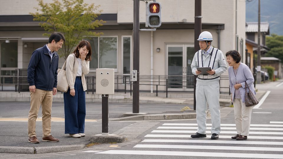 People laughing near a crosswalk speaker and a serious town worker