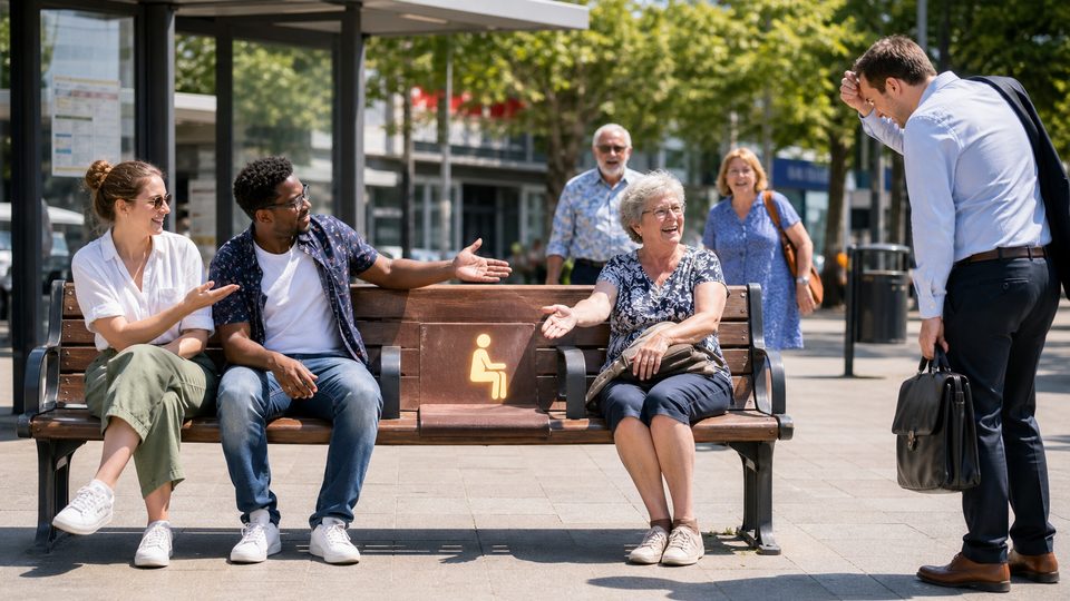 People smiling near a town bench that seems to save seats