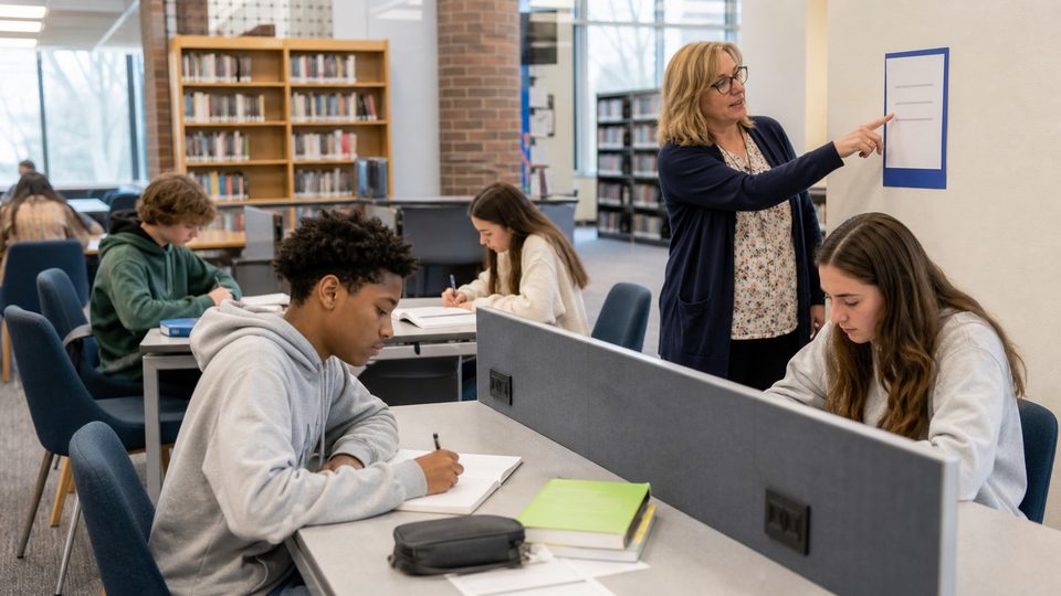 Teen students studying in a quiet library area while a librarian explains the zone
